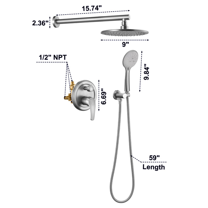 5-Spray Patterns 9 in. Wall Mount Dual Shower Heads with Handheld Built-In Shower System in Brass and SUS304 Stainless Steel