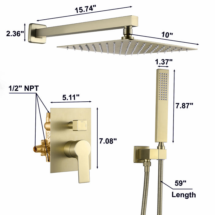 Modern 1-Spray 10" Dual Wall Mount Shower Heads with Handheld Built-In Shower System in Brass and SUS304 Mixed