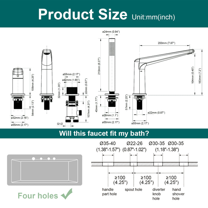 Topcraft Deck-Mounted 4-Hole Bathtub Filler Faucet with Handheld Shower