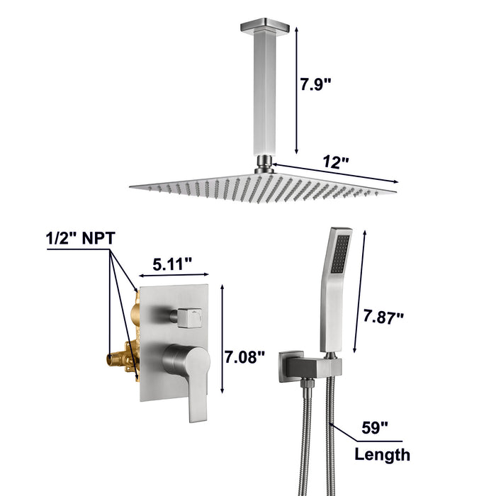 Contemporary 1-Spray 12 in. Ceiling Mount Dual Shower Heads with Handheld Built-In Shower System in Brass and SUS304 Mixed