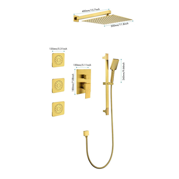 1-spray 11.8 in. Wall-Mounted Dual Fixed and Handheld Shower Head 2.5 GPM with Slide Bar, Body-sprays in Brushed Gold