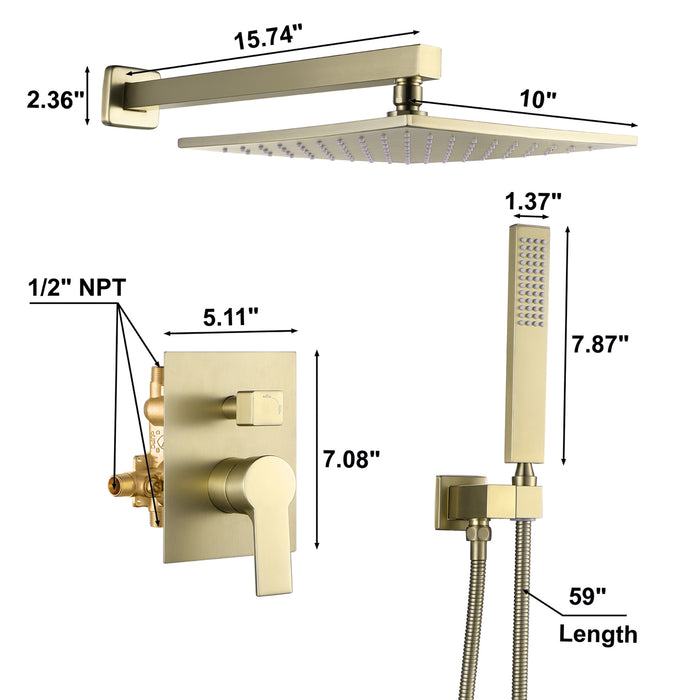 1-Spray 10 in. Wall Mount Dual Shower Heads with Handheld Built-In Shower System in Brushed Gold
