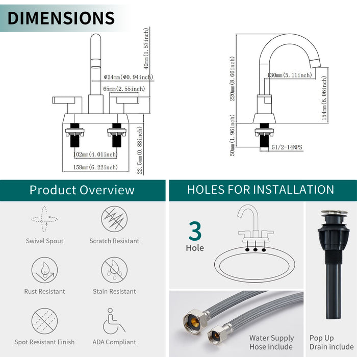 Bathroom Faucet 2 Handle Centerset Bathroom Sink Faucet with Pop Up Drain Assembly