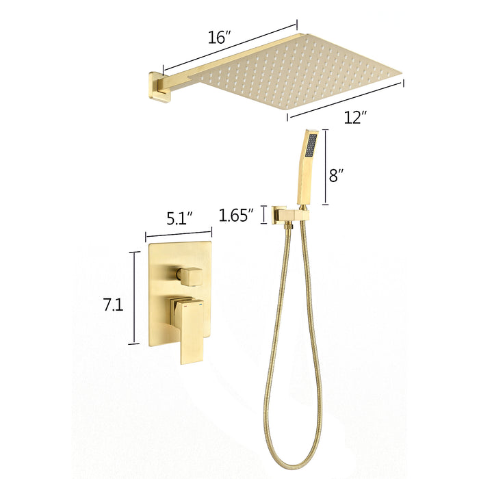 1-Spray Patterns 12 in. Wall Mount Dual Fixed and Handheld Shower Head 1.8 GPM in Brushed Gold