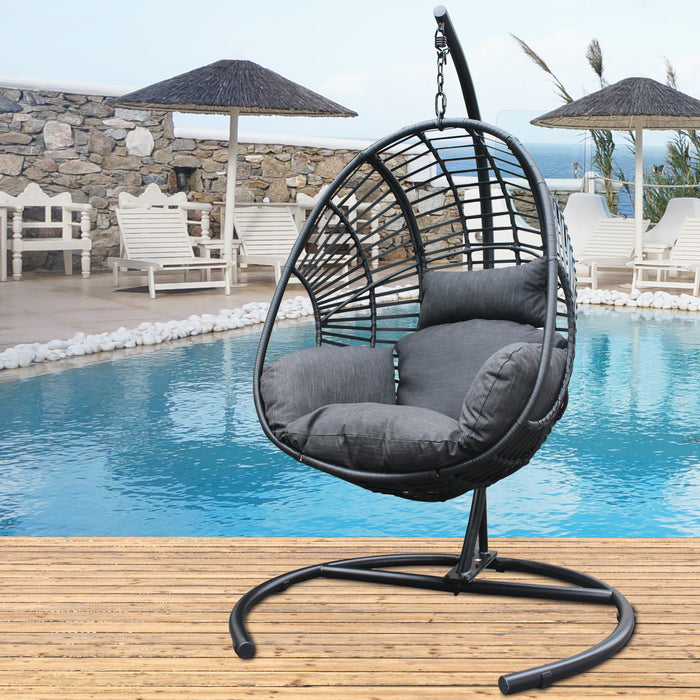 Rattan Black Metal Frame Hanging Balcony Chair with Grey Cushioned Seat