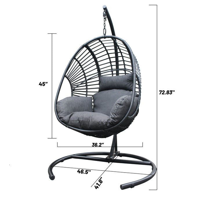 Rattan Black Metal Frame Hanging Balcony Chair with Grey Cushioned Seat