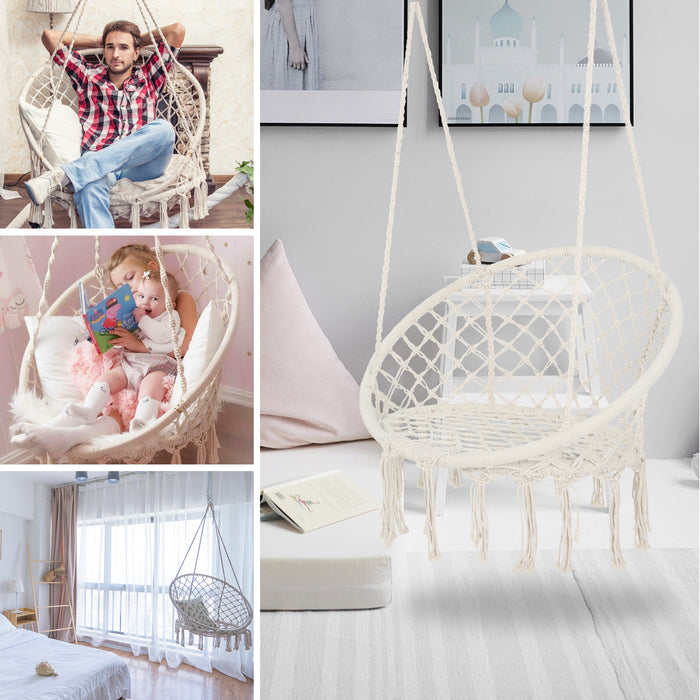 Hanging Cotton Rope Swing Chair with Cushion, for Indoor and Outdoor Use