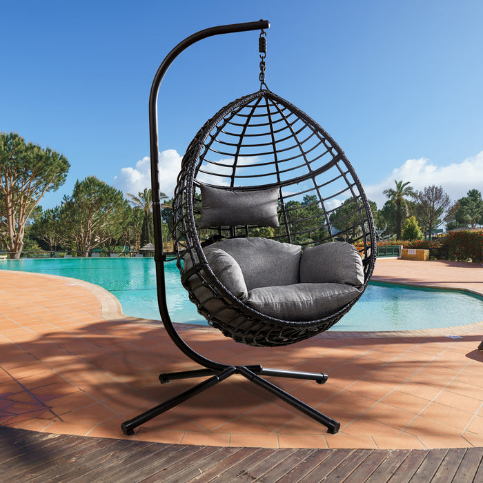 Black Metal Frame Hanging Chair with Gray Water Resistant Fabric Cushioned Seat