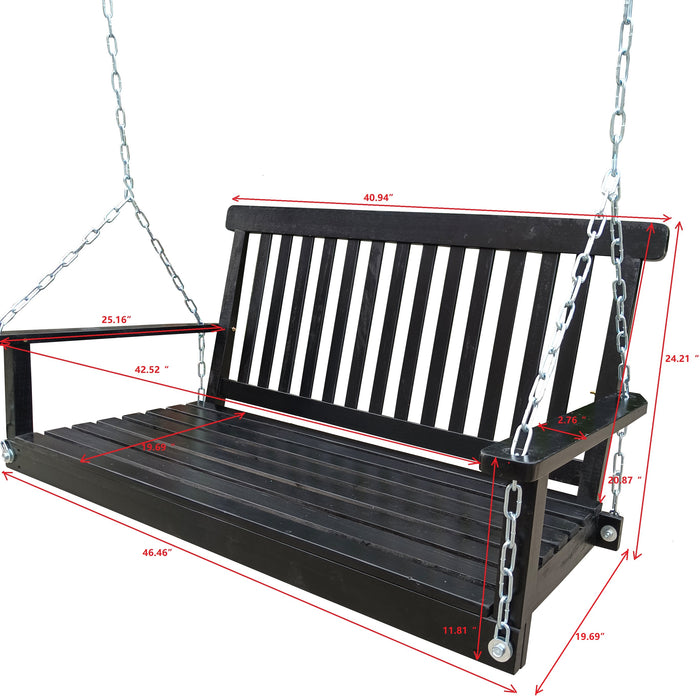 Outdoor Front Porch Swing with Armrests, Wood Bench Swing with Hanging Chains with 3-Seater