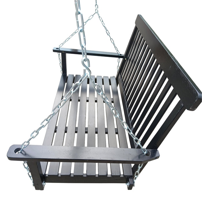 Outdoor Front Porch Swing with Armrests, Wood Bench Swing with Hanging Chains with 3-Seater