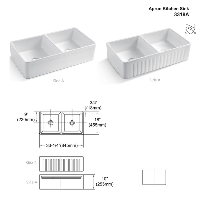 33.25"L x 18"W Double Bowl Ceramic Farmhouse/Apron Kitchen Sink