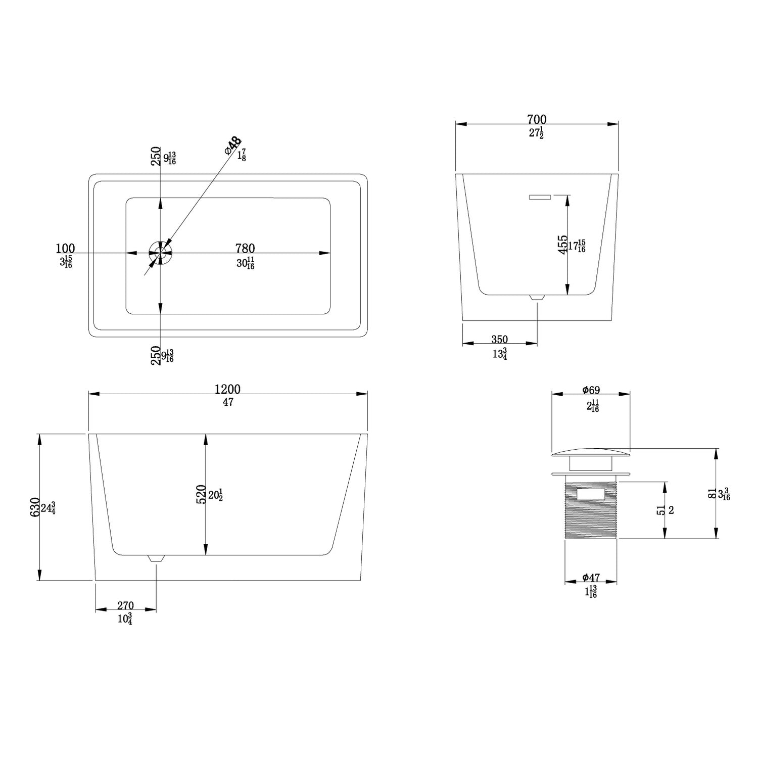 47" Acrylic Flatbottom SPA Freestanding Tub Bathtub White — TopCraft