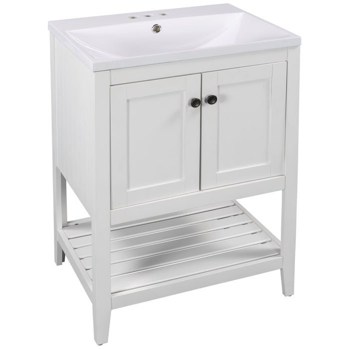 24" Small Bathroom Vanity with Sink Open Shelves Solid Wood Bathroom Vanity Elegant Modern Sleek White