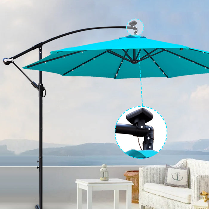 10 ft Outdoor Patio Umbrella Solar Powered LED Lighted Sun Shade Market Waterproof 8 Ribs Umbrella with Crank and Cross Base for Garden Deck Backyard Pool Shade Outside Deck Swimming Pool