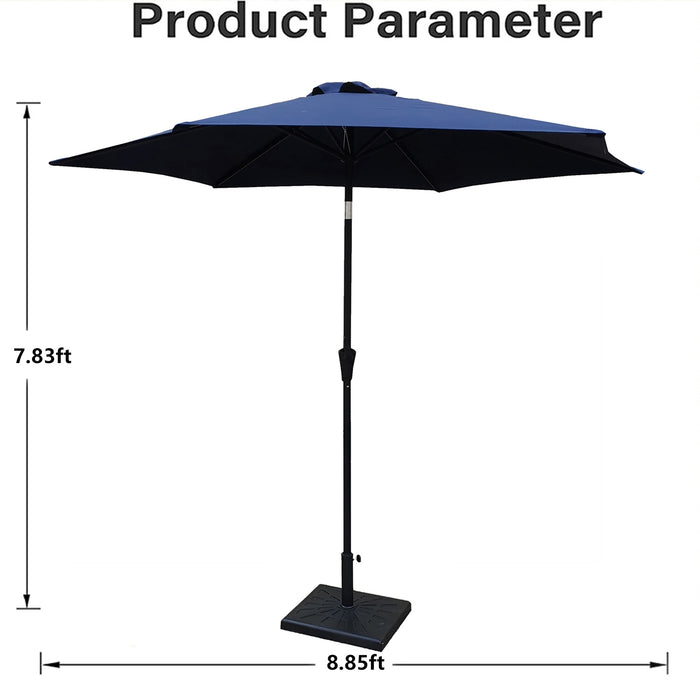 8.8 feet Outdoor Aluminum Patio Umbrella, Patio Umbrella, Market Umbrella with 42 Pound Square Resin Umbrella Base, Push Button Tilt and Crank lift, Navy Blue