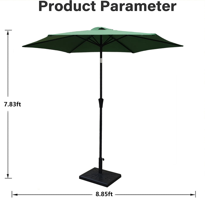 8.8 feet Outdoor Aluminum Patio Umbrella, Patio Umbrella, Market Umbrella with 42 Pound Square Resin Umbrella Base, Push Button Tilt and Crank lift, Green