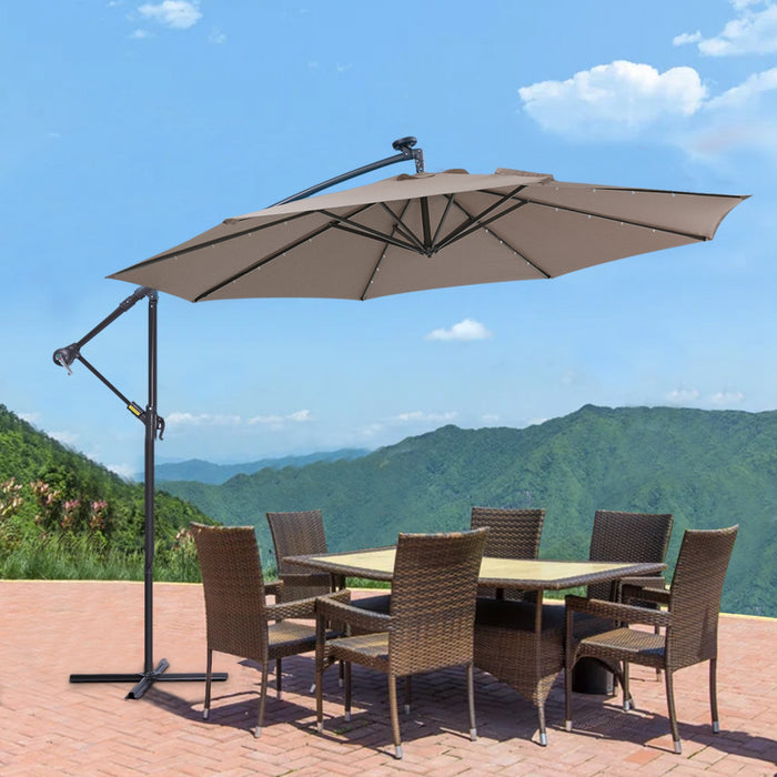 10 FT Solar LED Patio Outdoor Umbrella Hanging Cantilever Umbrella Offset Umbrella Easy Open Adustment with 32 LED Lights-Dark Taupe