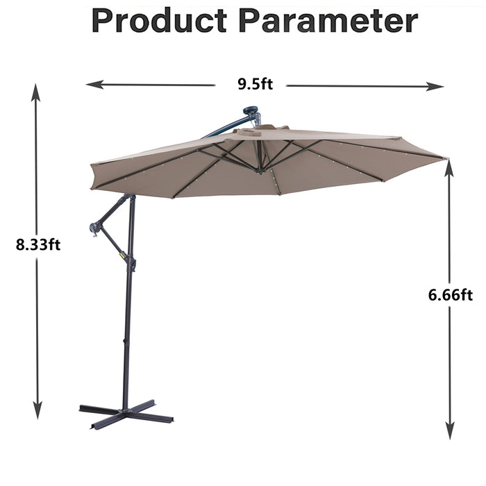 10 FT Solar LED Patio Outdoor Umbrella Hanging Cantilever Umbrella Offset Umbrella Easy Open Adustment with 32 LED Lights-Dark Taupe