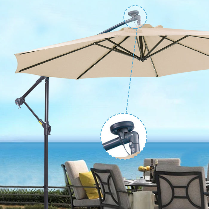 9.5 FT Solar LED Patio Outdoor Umbrella Hanging Cantilever Umbrella Offset Umbrella Easy Open Adustment with 24 LED Lights - tan