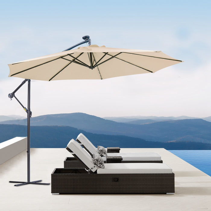 9.5 FT Solar LED Patio Outdoor Umbrella Hanging Cantilever Umbrella Offset Umbrella Easy Open Adustment with 24 LED Lights - tan
