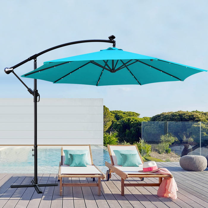 10 ft Outdoor Patio Umbrella Solar Powered LED Lighted Sun Shade Market Waterproof 8 Ribs Umbrella with Crank and Cross Base for Garden Deck Backyard Pool Shade Outside Deck Swimming Pool